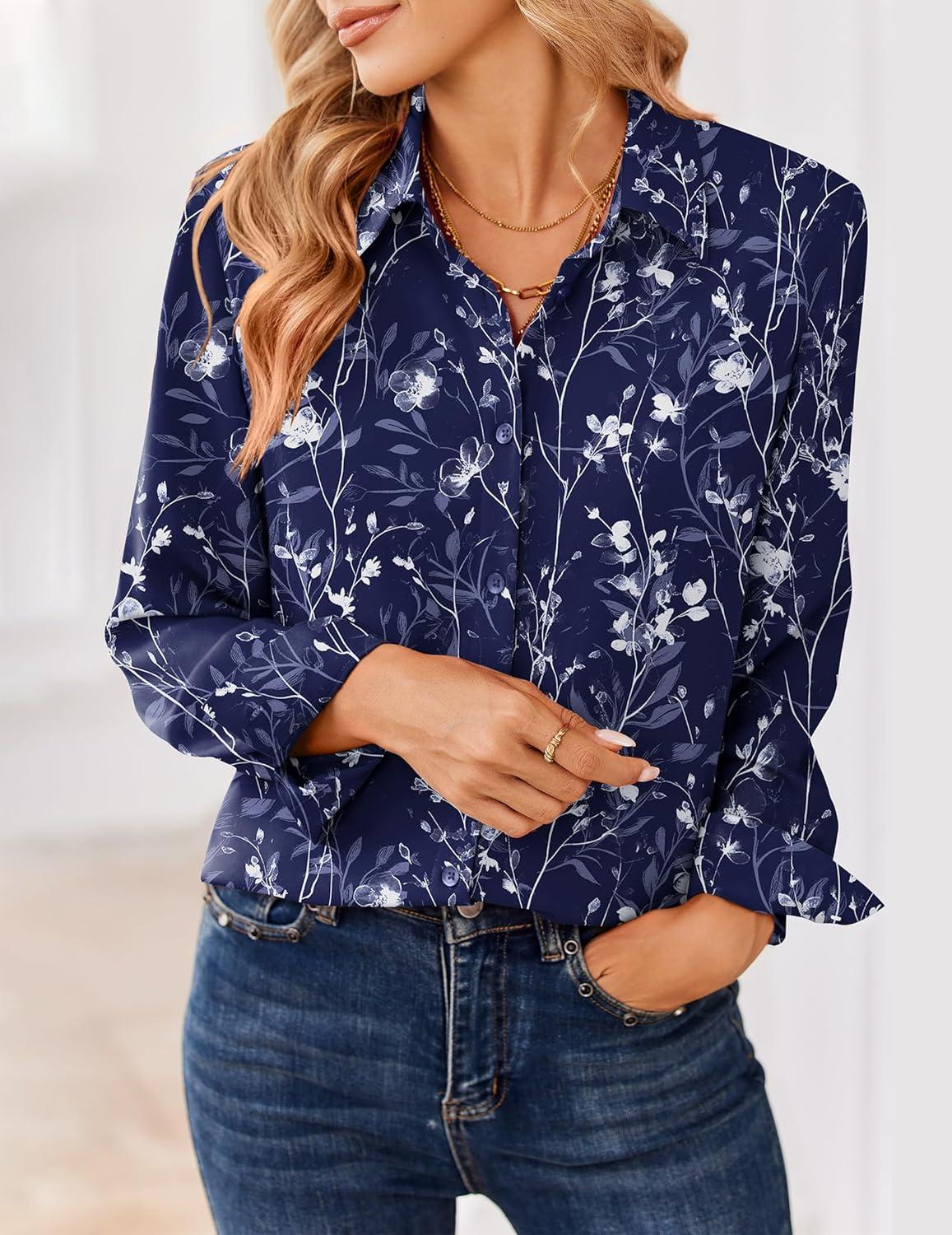 imageZeagoo Women Blouses Chiffon Long Sleeve Button Down Shirts Business Causal Dressy Work Top V Neck Summer Spring ClothesNavy Floral