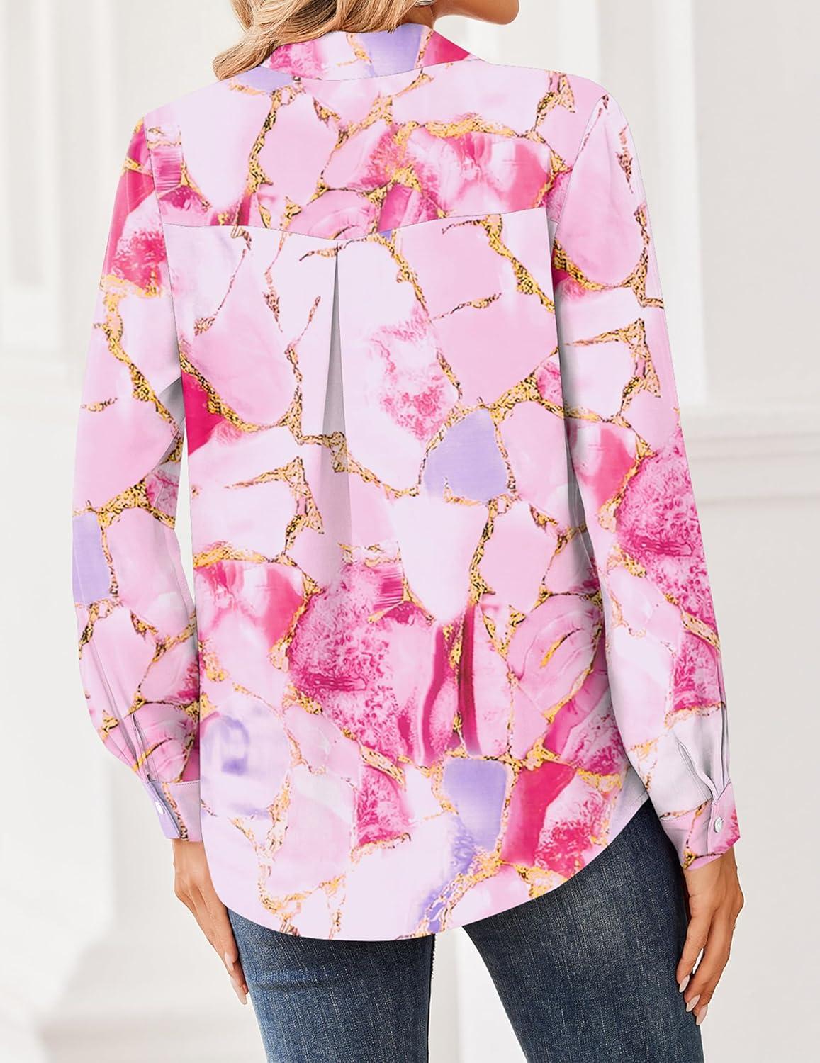 imageZeagoo Women Blouses Chiffon Long Sleeve Button Down Shirts Business Causal Dressy Work Top V Neck Summer Spring ClothesPink Marble Pattern