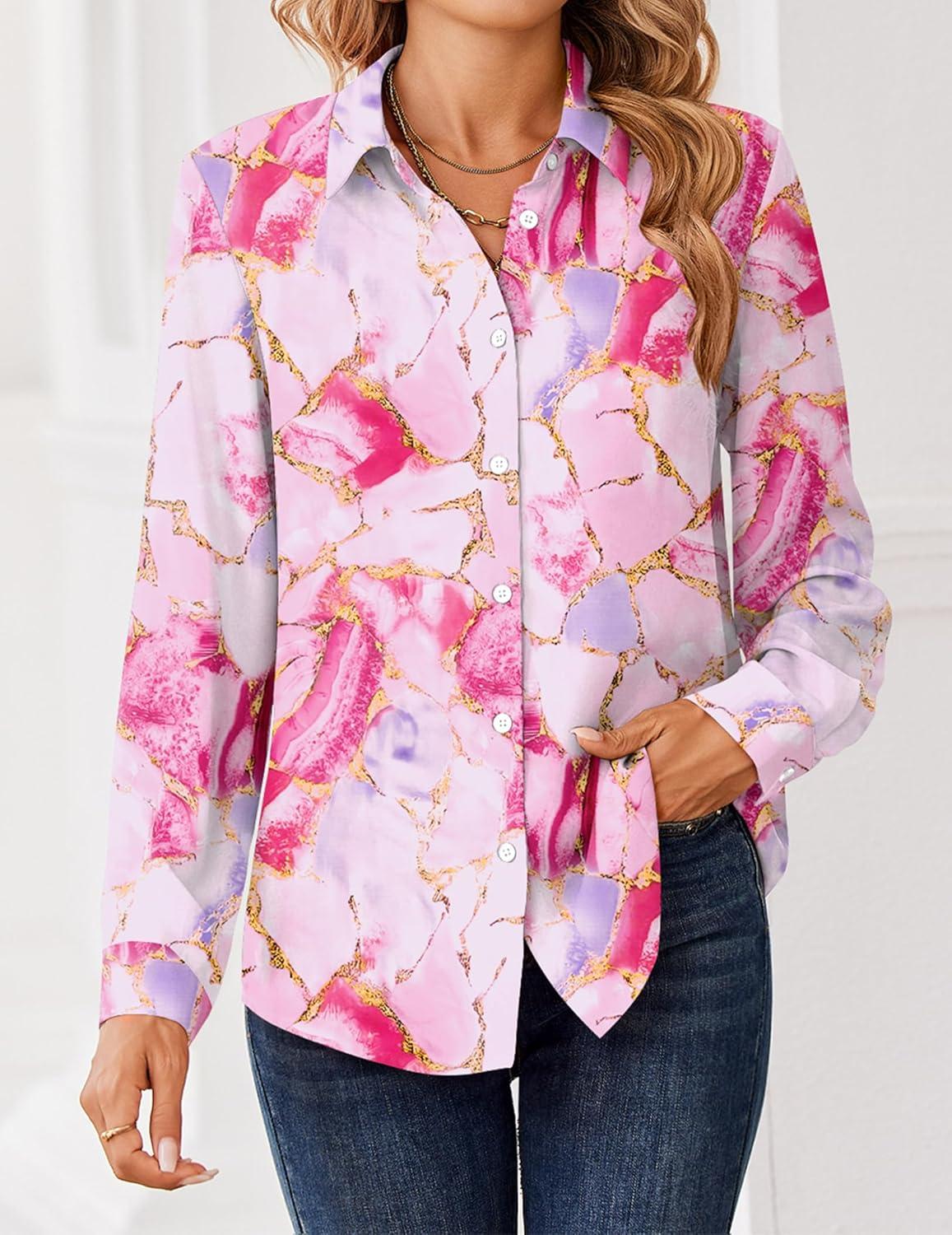 imageZeagoo Women Blouses Chiffon Long Sleeve Button Down Shirts Business Causal Dressy Work Top V Neck Summer Spring ClothesPink Marble Pattern