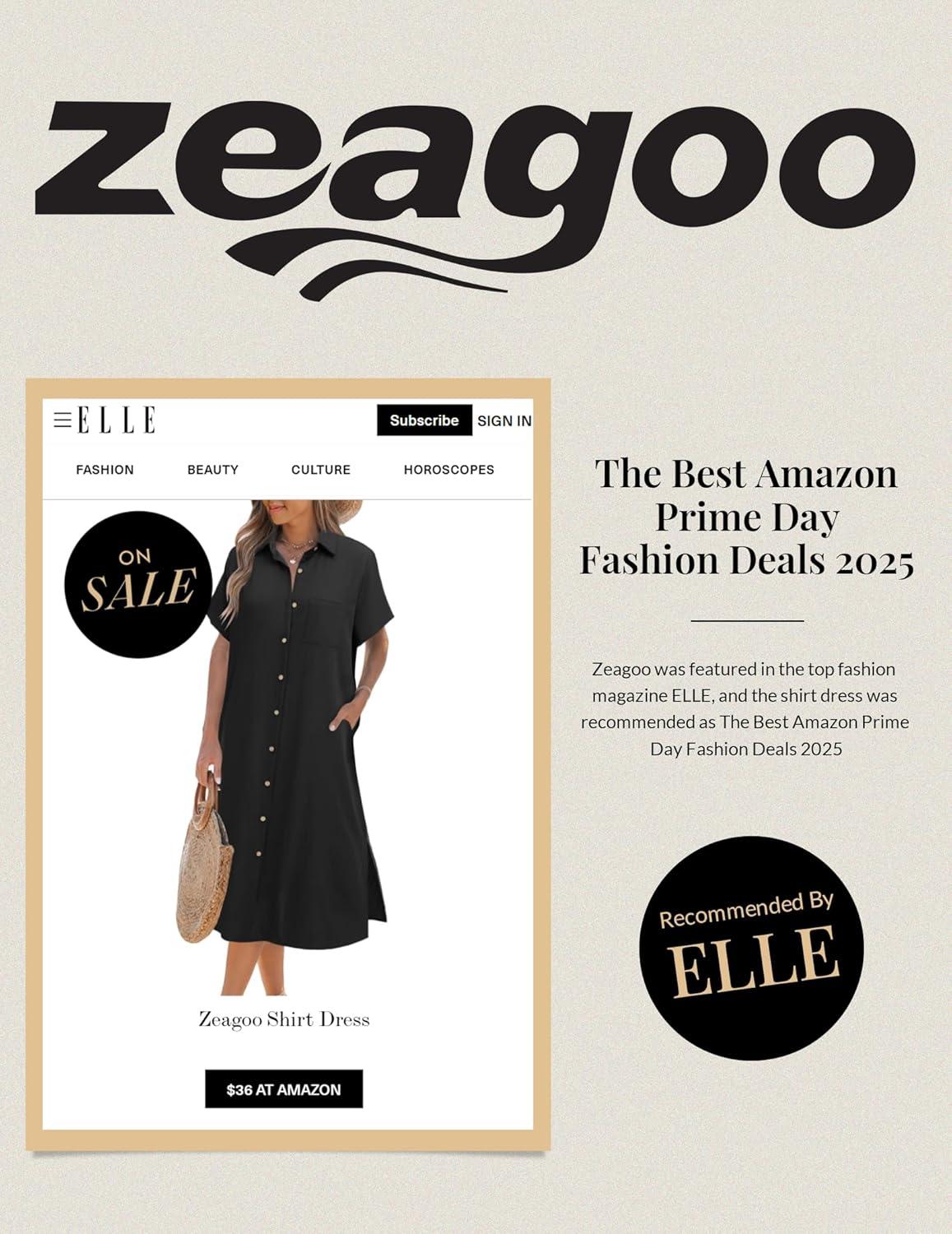 imageZeagoo Women Dresses Summer Casual Short Sleeve Button Down Shirt Dresses 2026 Beach Cover Up with PocketsA01black
