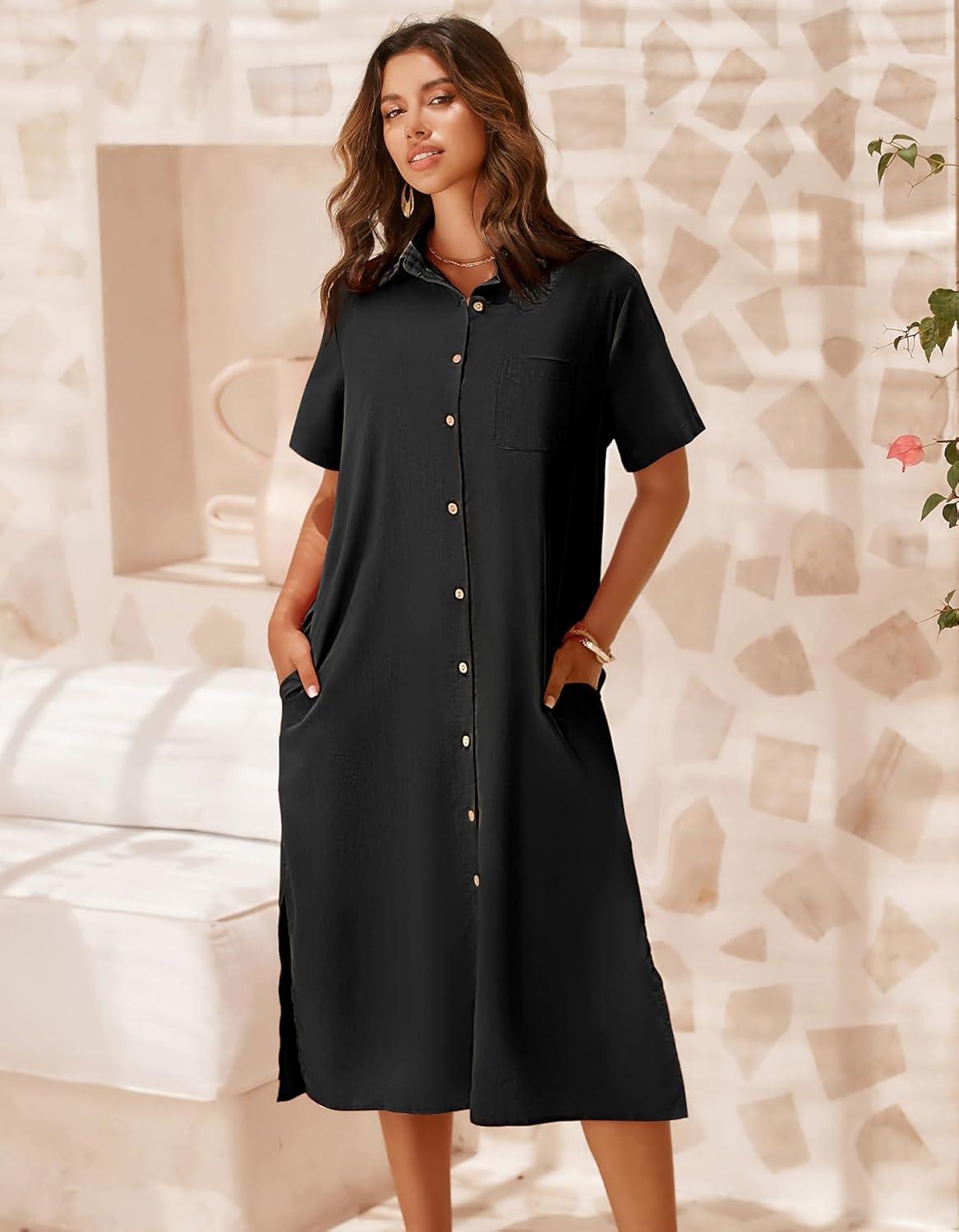 imageZeagoo Women Dresses Summer Casual Short Sleeve Button Down Shirt Dresses 2026 Beach Cover Up with PocketsA01black
