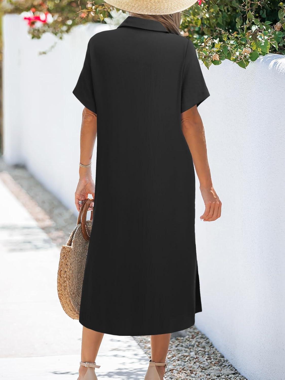 imageZeagoo Women Dresses Summer Casual Short Sleeve Button Down Shirt Dresses 2026 Beach Cover Up with PocketsA01black