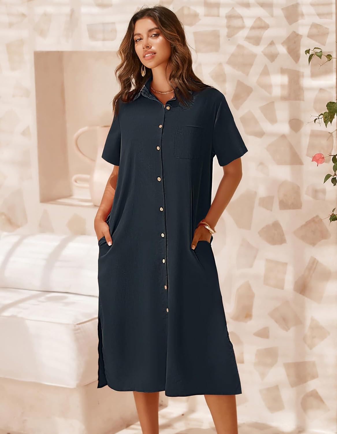 imageZeagoo Women Dresses Summer Casual Short Sleeve Button Down Shirt Dresses 2026 Beach Cover Up with PocketsA03navy Blue