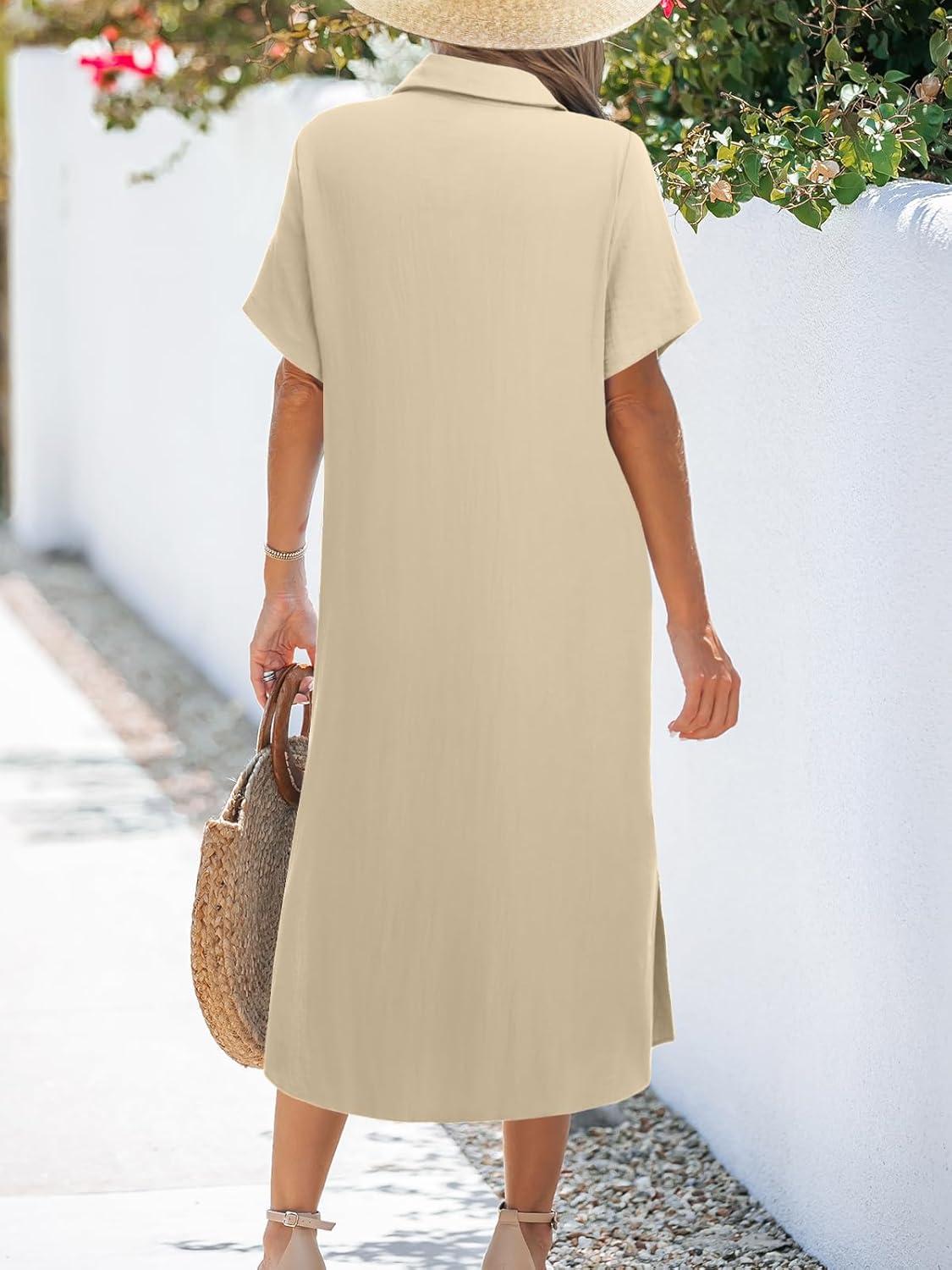 imageZeagoo Women Dresses Summer Casual Short Sleeve Button Down Shirt Dresses 2026 Beach Cover Up with PocketsBapricot