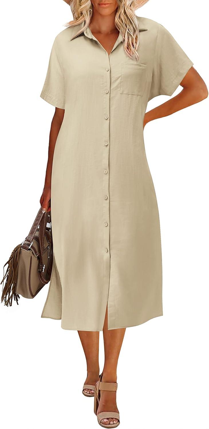 imageZeagoo Women Dresses Summer Casual Short Sleeve Button Down Shirt Dresses 2026 Beach Cover Up with PocketsBapricot