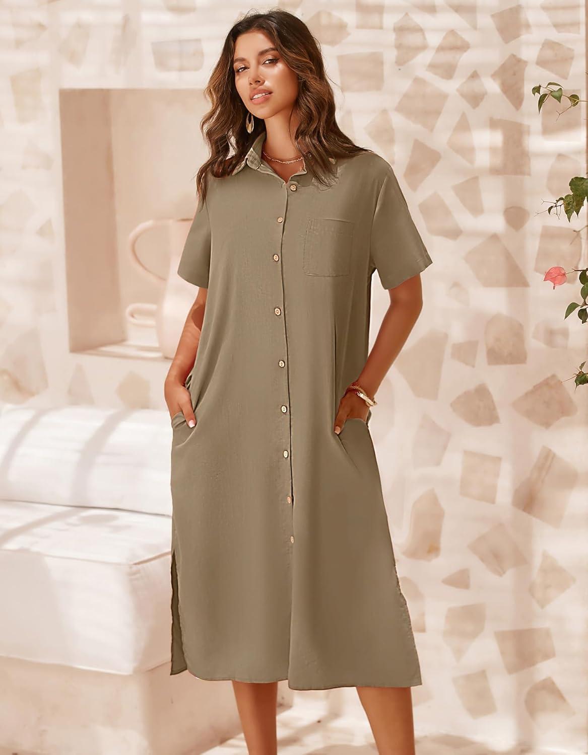 imageZeagoo Women Dresses Summer Casual Short Sleeve Button Down Shirt Dresses 2026 Beach Cover Up with PocketsBeige