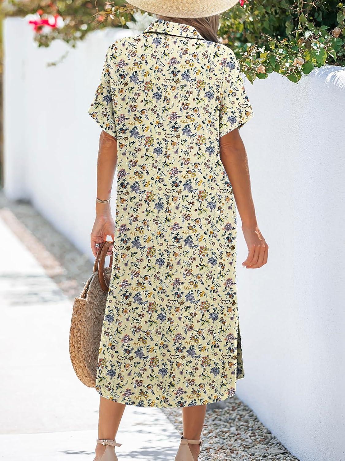 imageZeagoo Women Dresses Summer Casual Short Sleeve Button Down Shirt Dresses 2026 Beach Cover Up with PocketsFloral Print Apricot