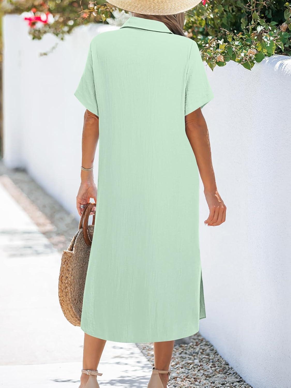 imageZeagoo Women Dresses Summer Casual Short Sleeve Button Down Shirt Dresses 2026 Beach Cover Up with PocketsIce Green