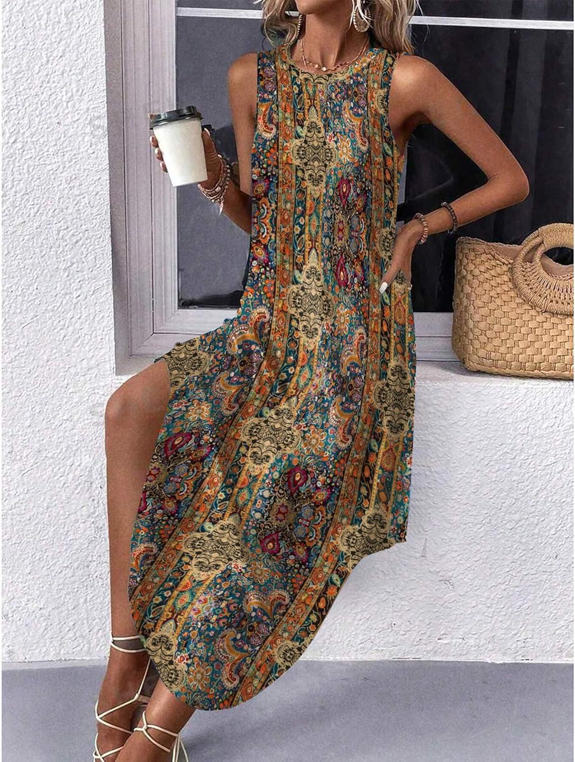 imageZeagoo Women Floral Summer Casual Beach Printed Tank Dress with Pockets Pleated Front Long Dress2602 Boho Print