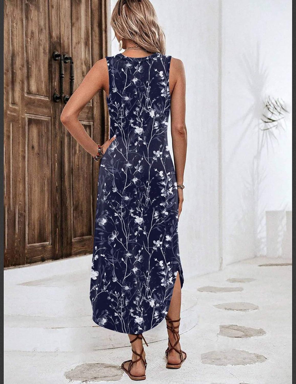 imageZeagoo Women Floral Summer Casual Beach Printed Tank Dress with Pockets Pleated Front Long Dress2602 Navy Floral