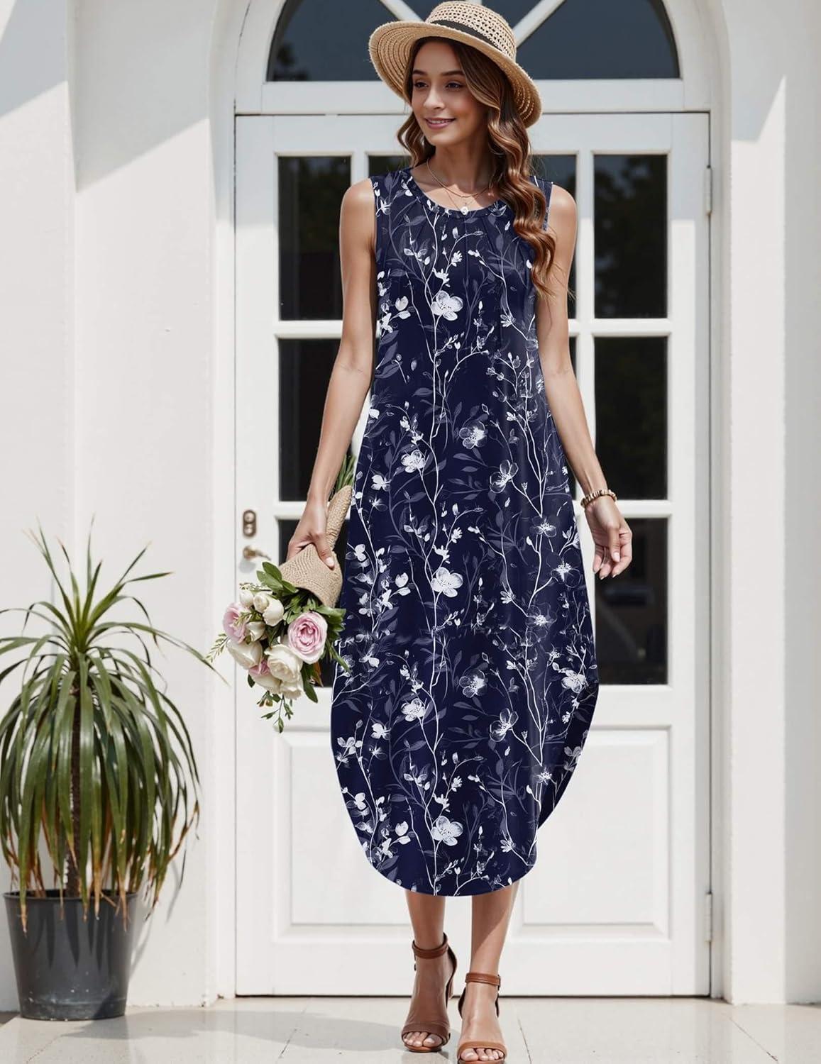 imageZeagoo Women Floral Summer Casual Beach Printed Tank Dress with Pockets Pleated Front Long Dress2602 Navy Floral