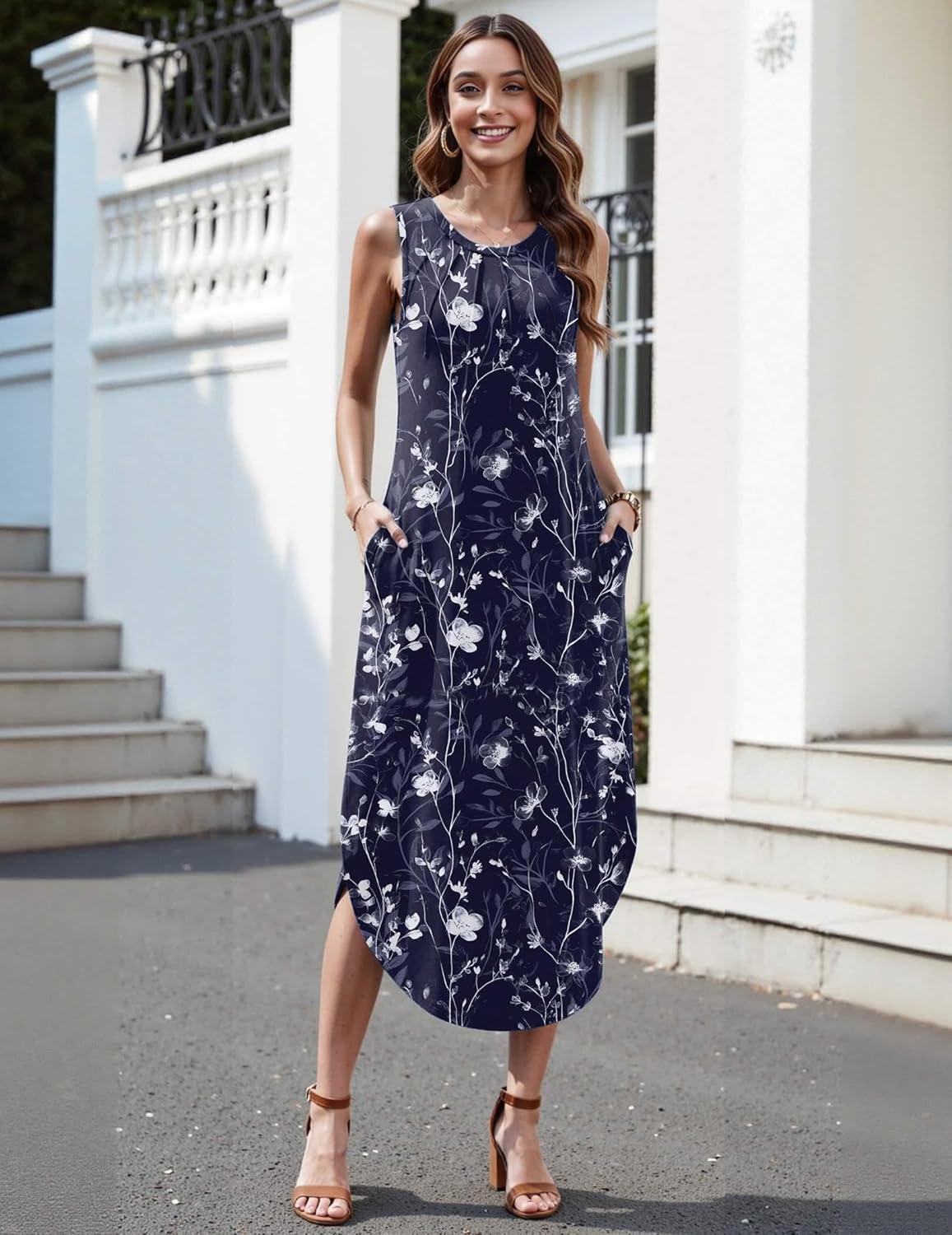 imageZeagoo Women Floral Summer Casual Beach Printed Tank Dress with Pockets Pleated Front Long Dress2602 Navy Floral