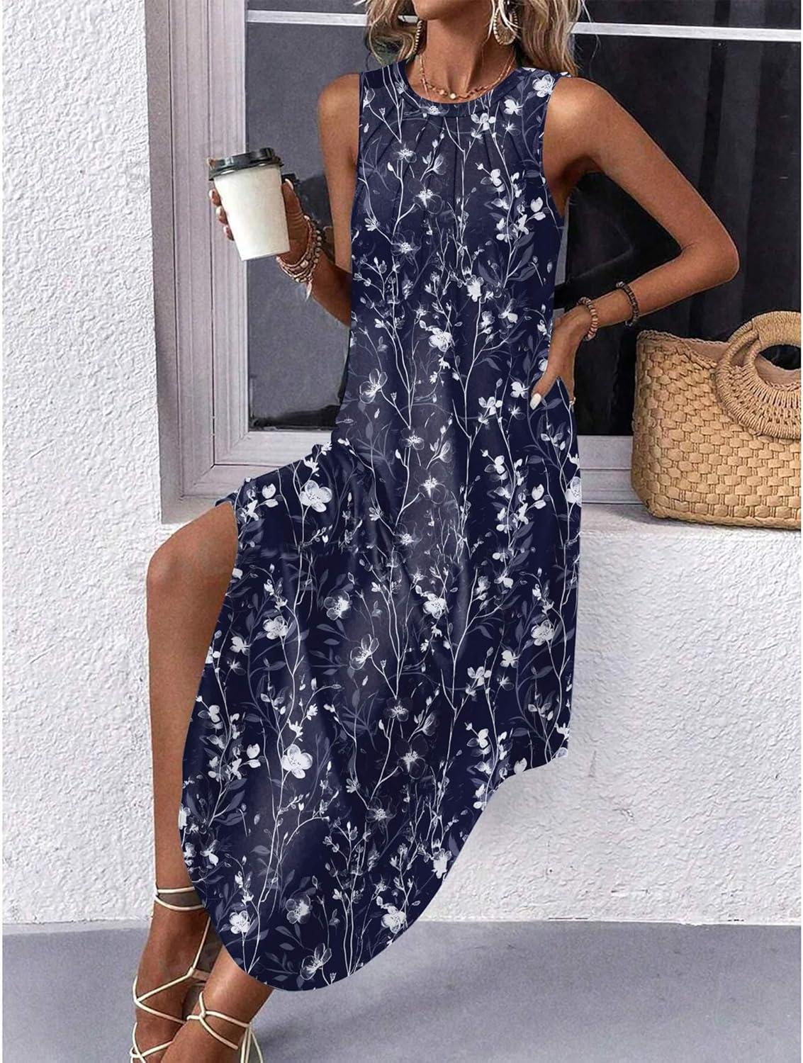 imageZeagoo Women Floral Summer Casual Beach Printed Tank Dress with Pockets Pleated Front Long Dress2602 Navy Floral
