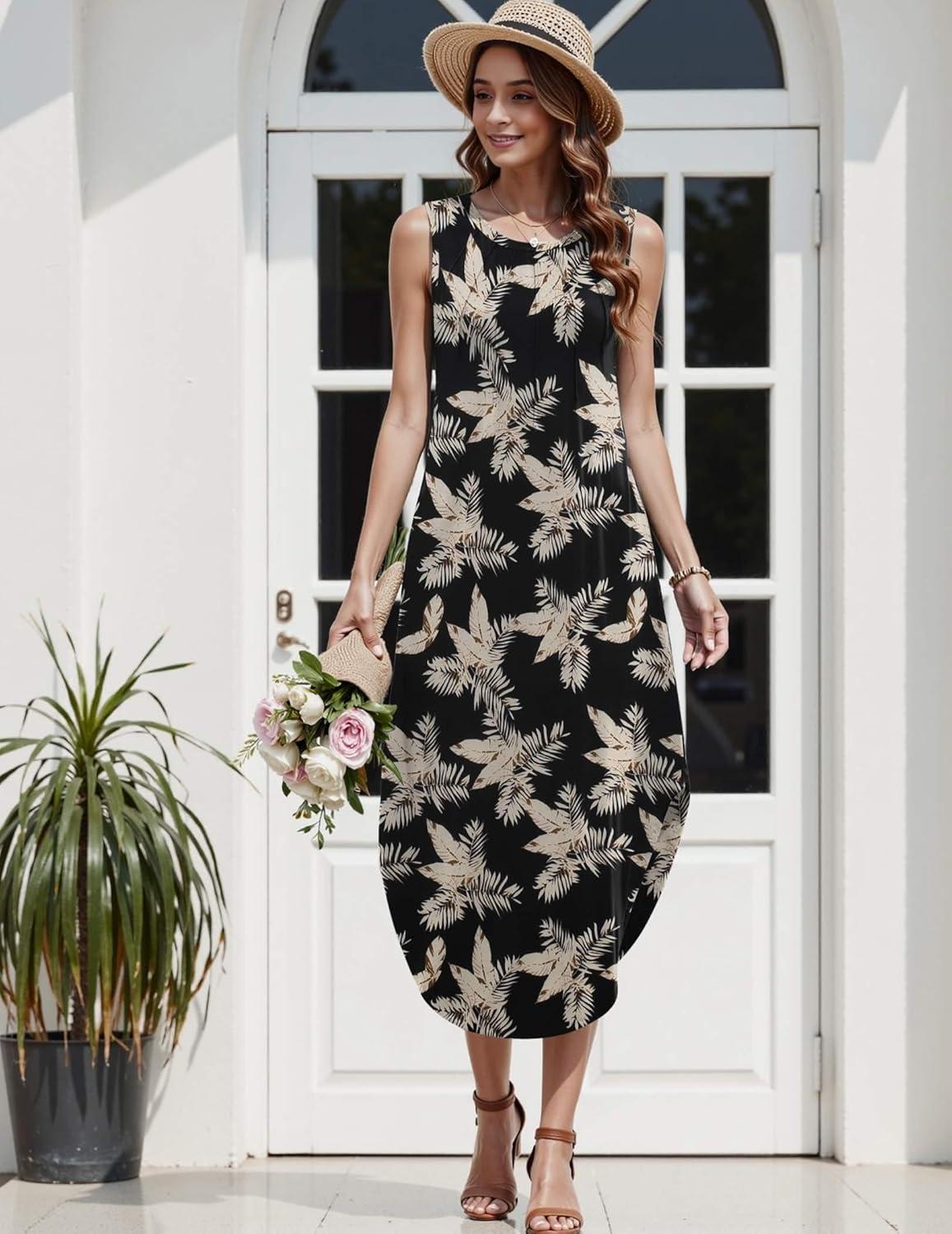imageZeagoo Women Floral Summer Casual Beach Printed Tank Dress with Pockets Pleated Front Long DressBlack Print