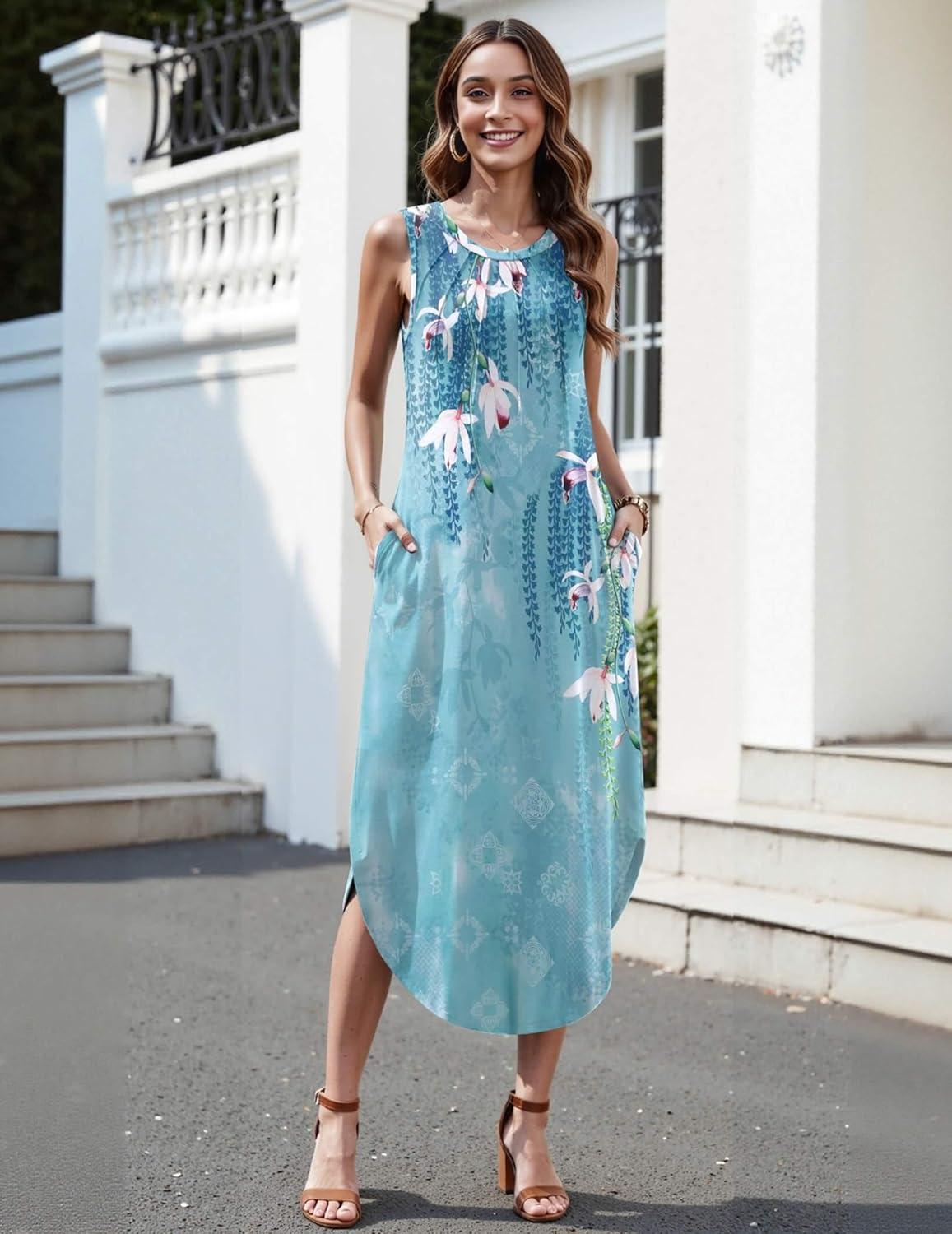 imageZeagoo Women Floral Summer Casual Beach Printed Tank Dress with Pockets Pleated Front Long DressBlue Flower