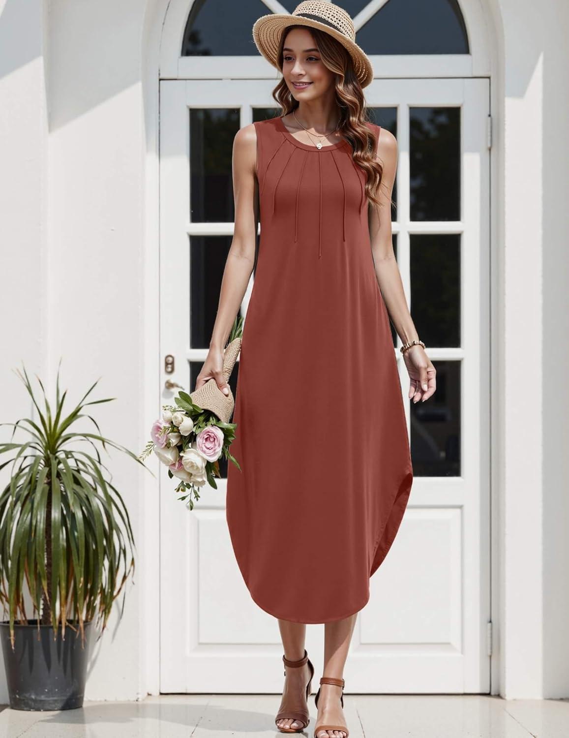 imageZeagoo Women Floral Summer Casual Beach Printed Tank Dress with Pockets Pleated Front Long DressBrick Red
