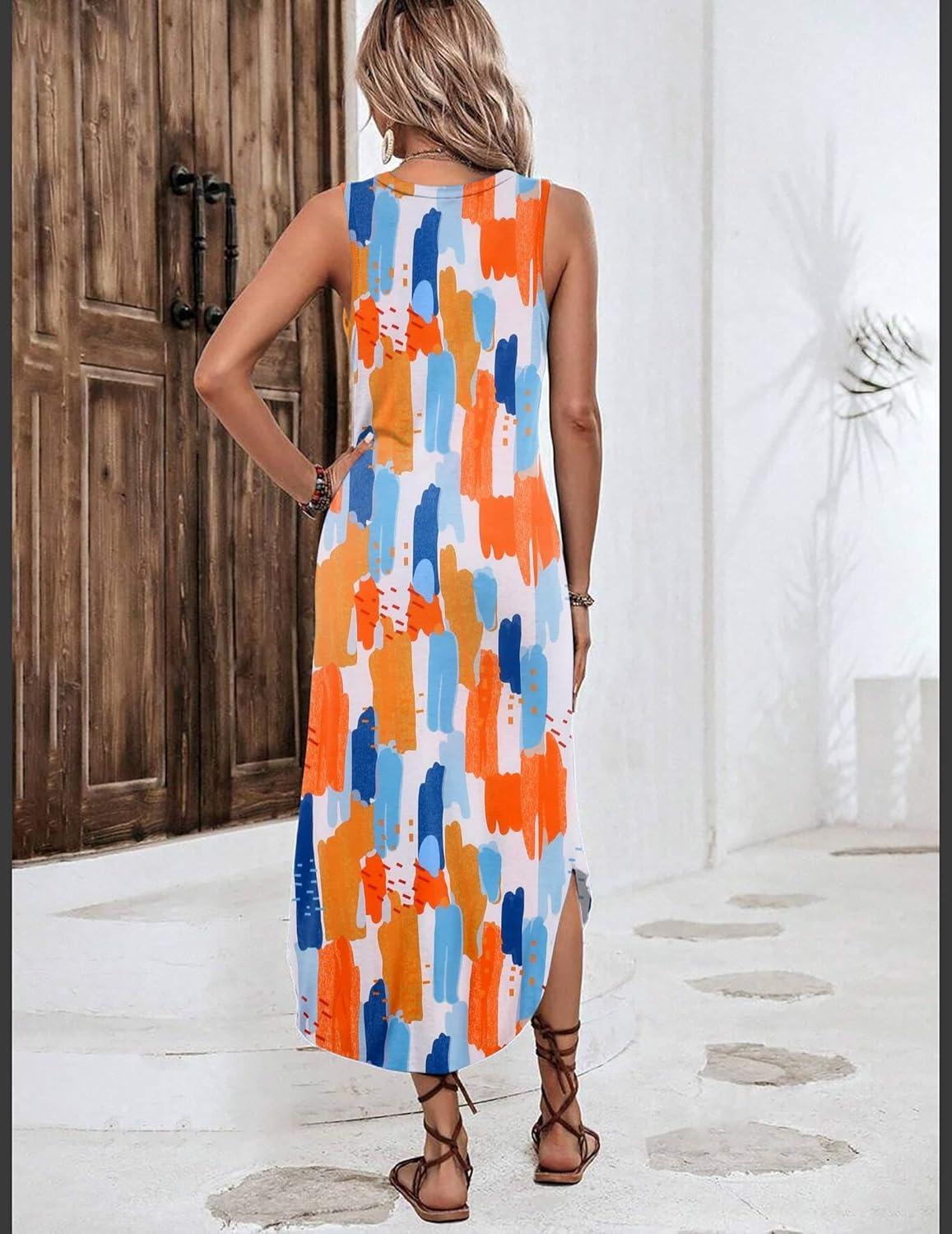 imageZeagoo Women Floral Summer Casual Beach Printed Tank Dress with Pockets Pleated Front Long DressColorful Print