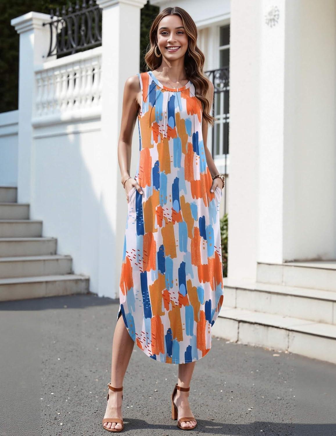 imageZeagoo Women Floral Summer Casual Beach Printed Tank Dress with Pockets Pleated Front Long DressColorful Print