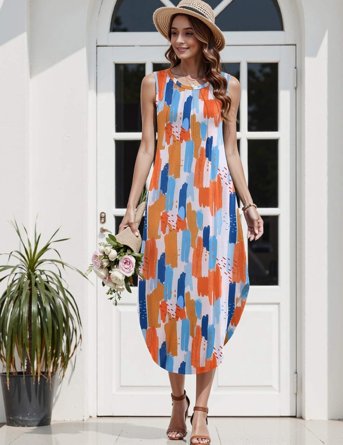 imageZeagoo Women Floral Summer Casual Beach Printed Tank Dress with Pockets Pleated Front Long DressColorful Print