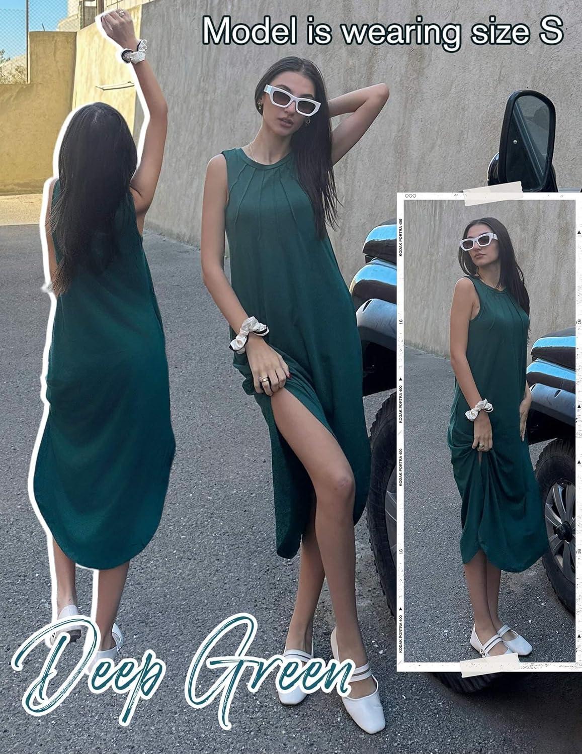 imageZeagoo Women Floral Summer Casual Beach Printed Tank Dress with Pockets Pleated Front Long DressDeep Green