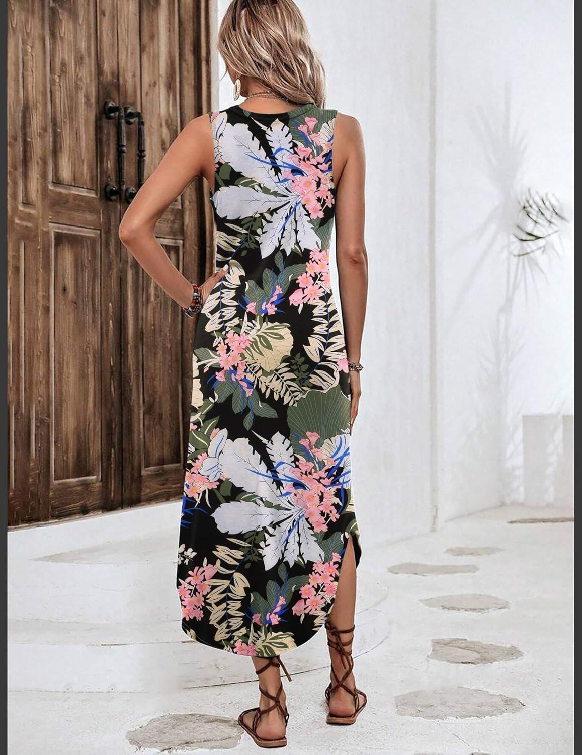 imageZeagoo Women Floral Summer Casual Beach Printed Tank Dress with Pockets Pleated Front Long DressFloral Leaf Black