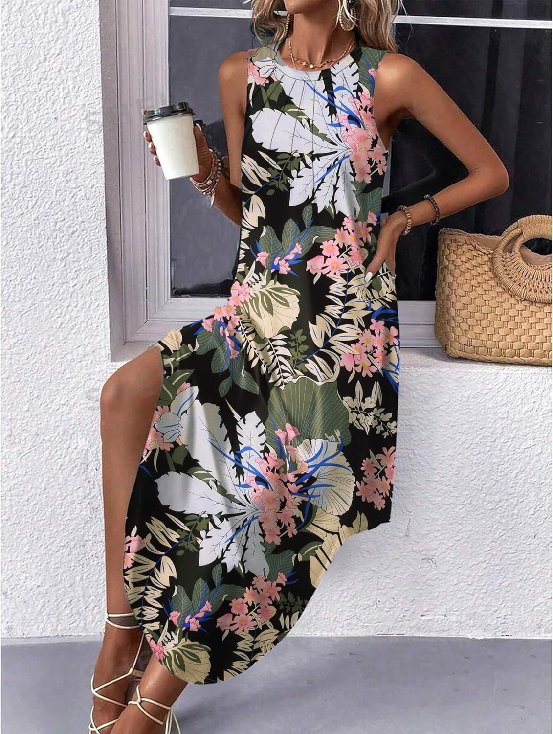 imageZeagoo Women Floral Summer Casual Beach Printed Tank Dress with Pockets Pleated Front Long DressFloral Leaf Black
