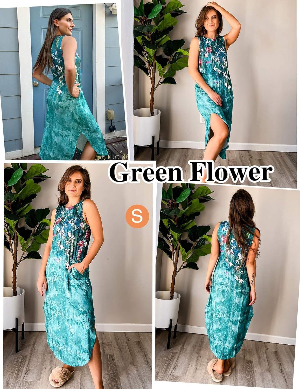 imageZeagoo Women Floral Summer Casual Beach Printed Tank Dress with Pockets Pleated Front Long DressGreen Flower