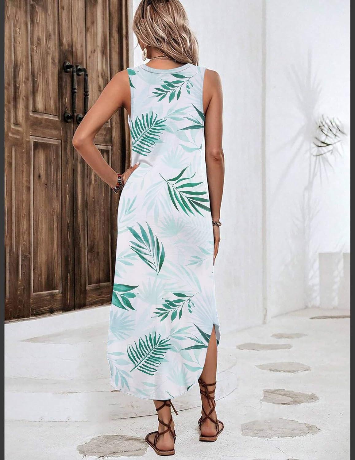 imageZeagoo Women Floral Summer Casual Beach Printed Tank Dress with Pockets Pleated Front Long DressGreen Leaf White