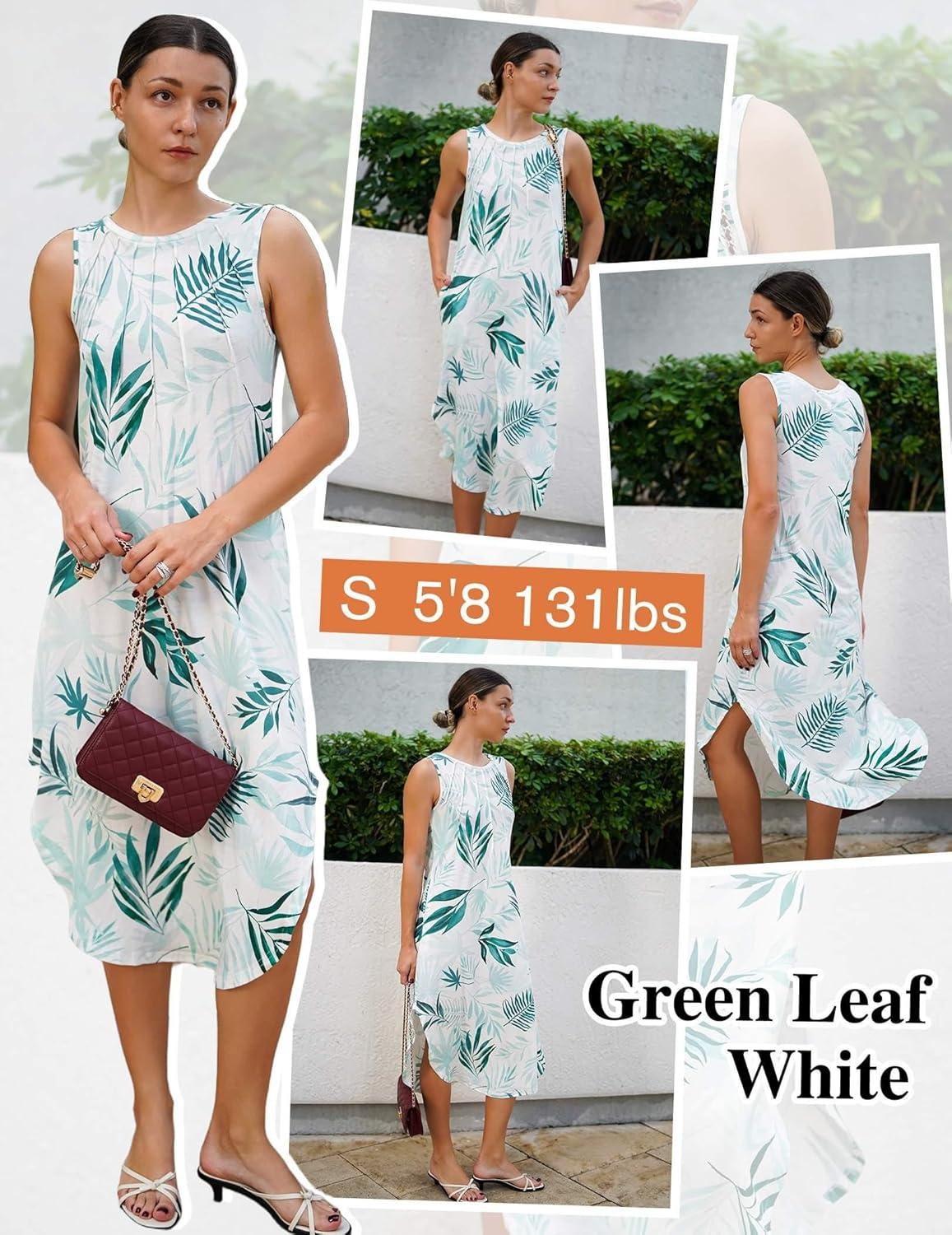 imageZeagoo Women Floral Summer Casual Beach Printed Tank Dress with Pockets Pleated Front Long DressGreen Leaf White