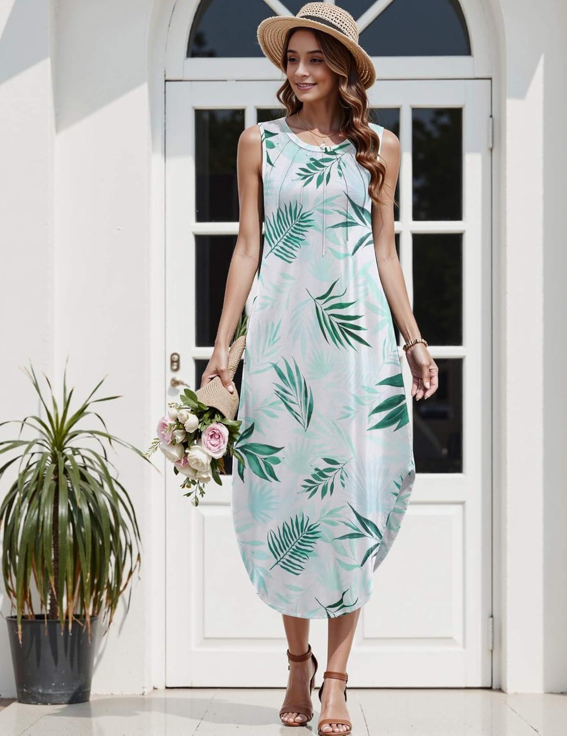 imageZeagoo Women Floral Summer Casual Beach Printed Tank Dress with Pockets Pleated Front Long DressGreen Leaf White