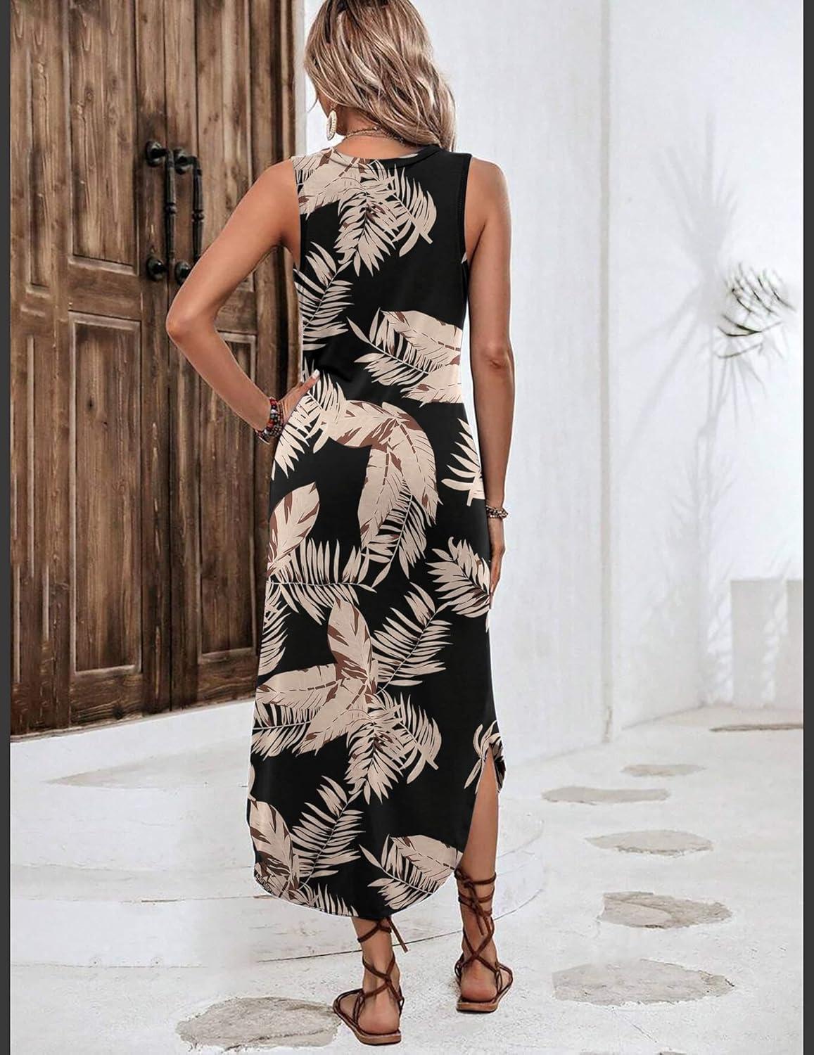 imageZeagoo Women Floral Summer Casual Beach Printed Tank Dress with Pockets Pleated Front Long DressLeaf Black