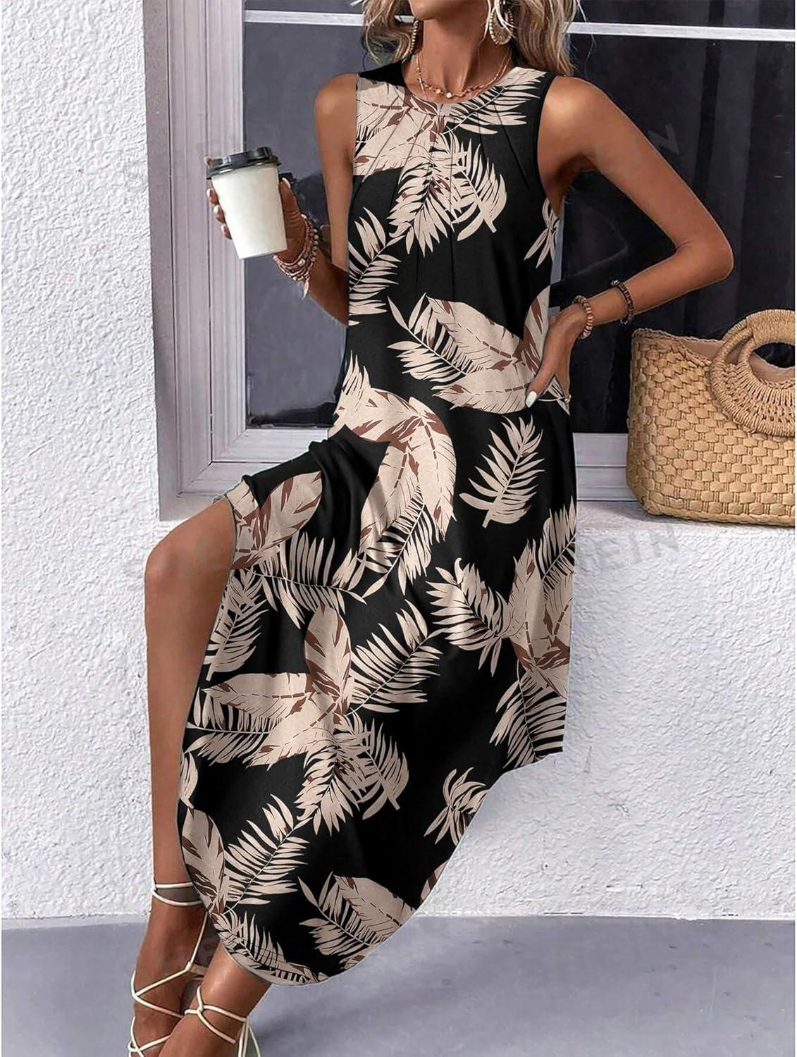 imageZeagoo Women Floral Summer Casual Beach Printed Tank Dress with Pockets Pleated Front Long DressLeaf Black