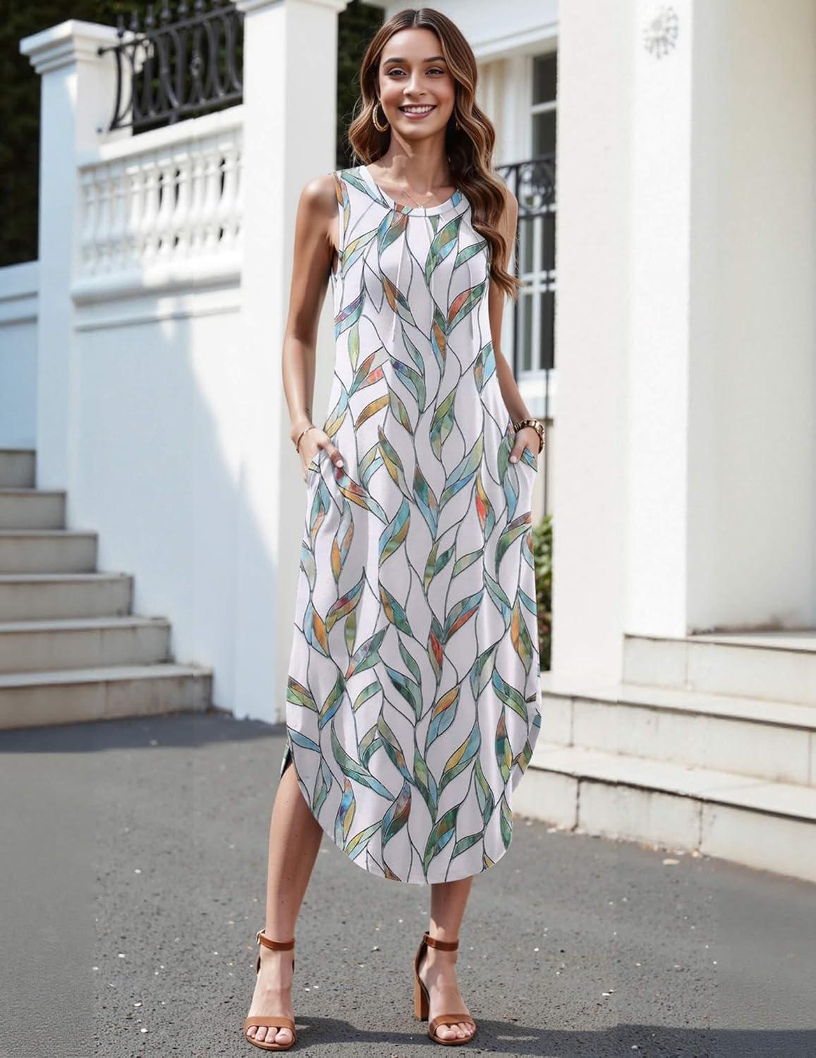 imageZeagoo Women Floral Summer Casual Beach Printed Tank Dress with Pockets Pleated Front Long DressLeaf Print White