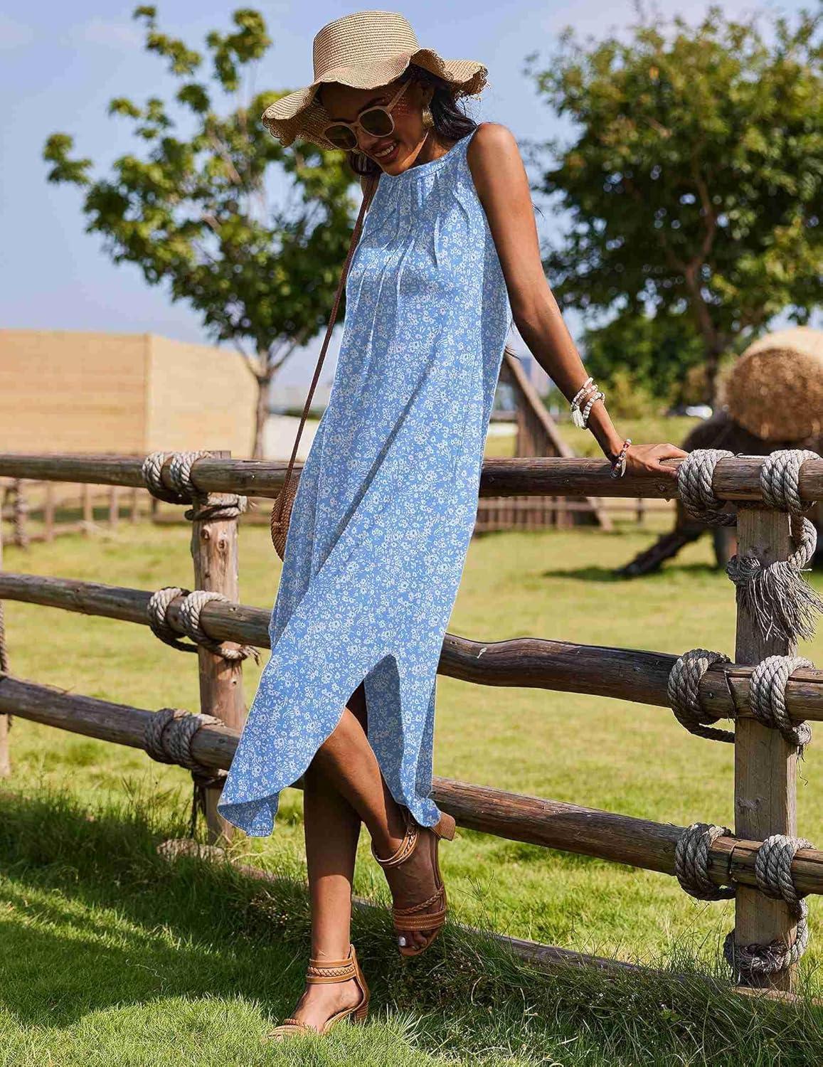imageZeagoo Women Floral Summer Casual Beach Printed Tank Dress with Pockets Pleated Front Long DressLight Blue Floral