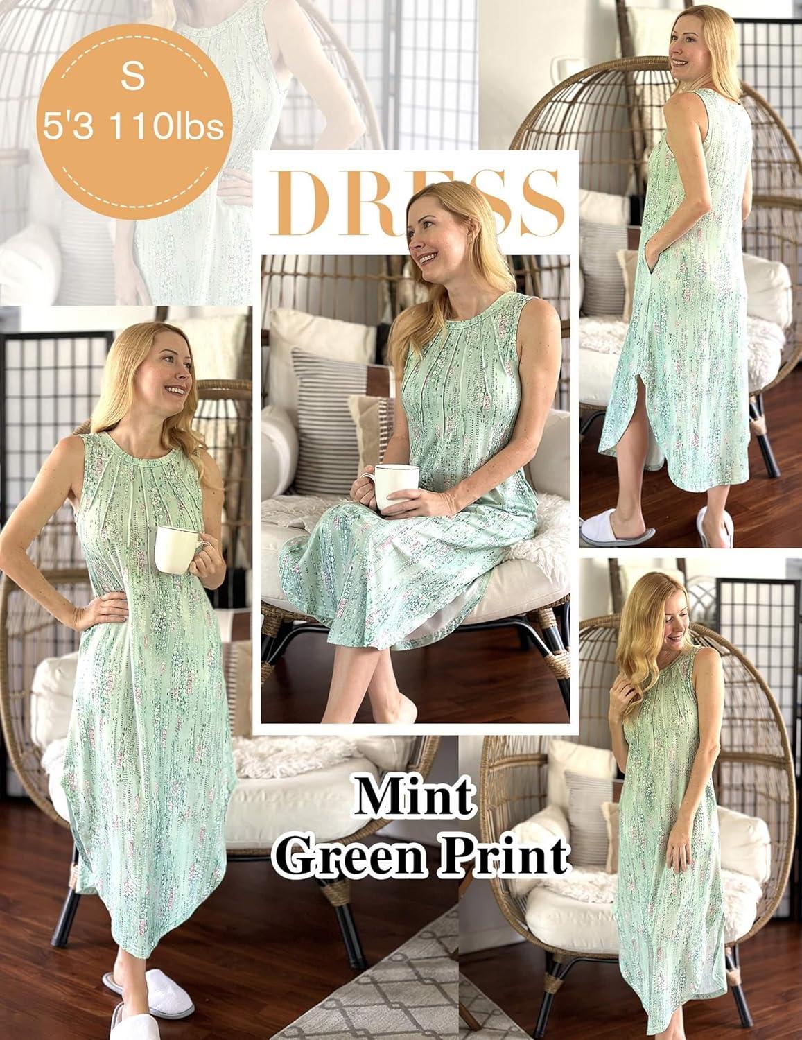 imageZeagoo Women Floral Summer Casual Beach Printed Tank Dress with Pockets Pleated Front Long DressMint Green Print