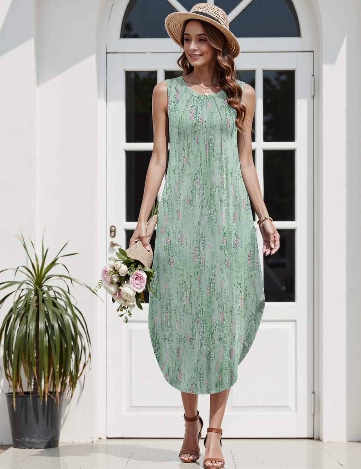 imageZeagoo Women Floral Summer Casual Beach Printed Tank Dress with Pockets Pleated Front Long DressMint Green Print
