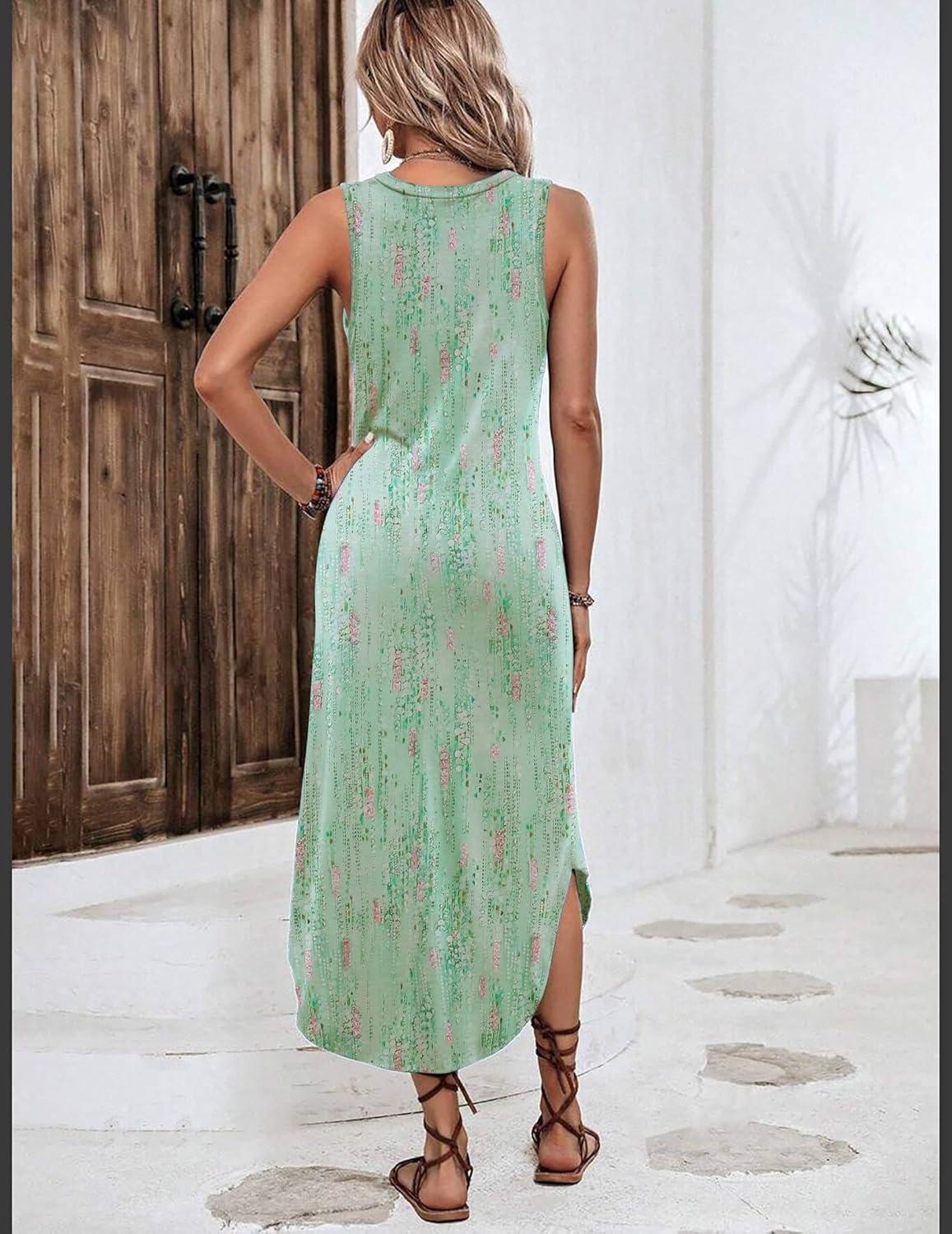 imageZeagoo Women Floral Summer Casual Beach Printed Tank Dress with Pockets Pleated Front Long DressMint Green Print