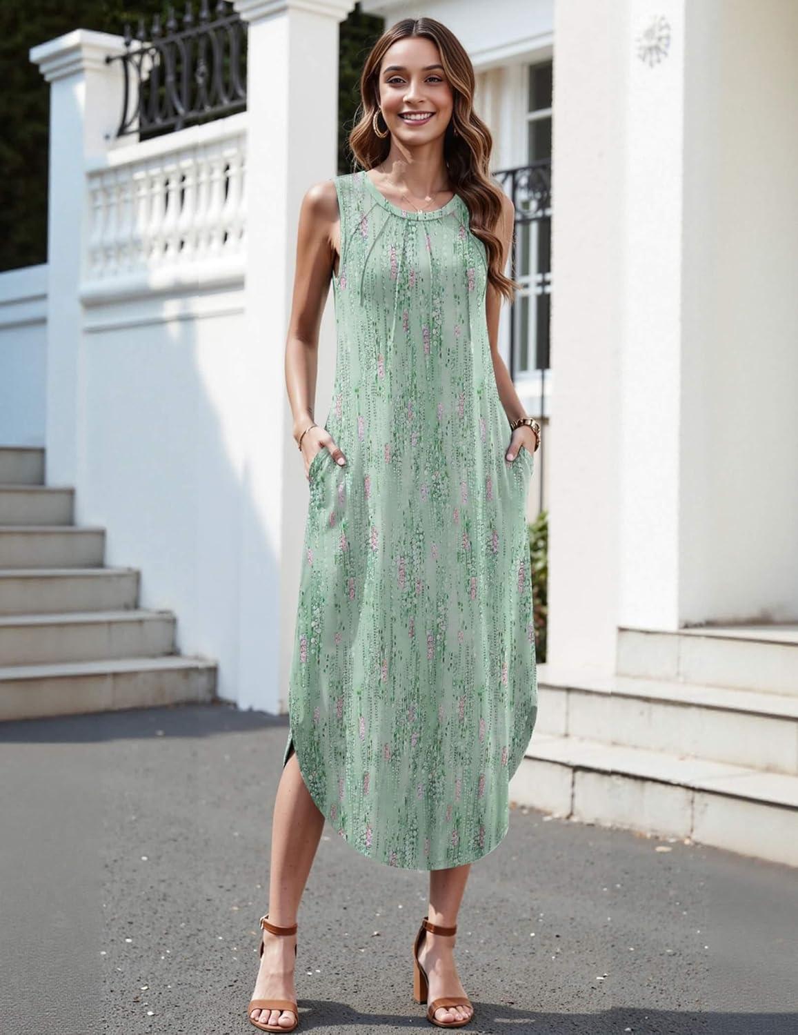 imageZeagoo Women Floral Summer Casual Beach Printed Tank Dress with Pockets Pleated Front Long DressMint Green Print