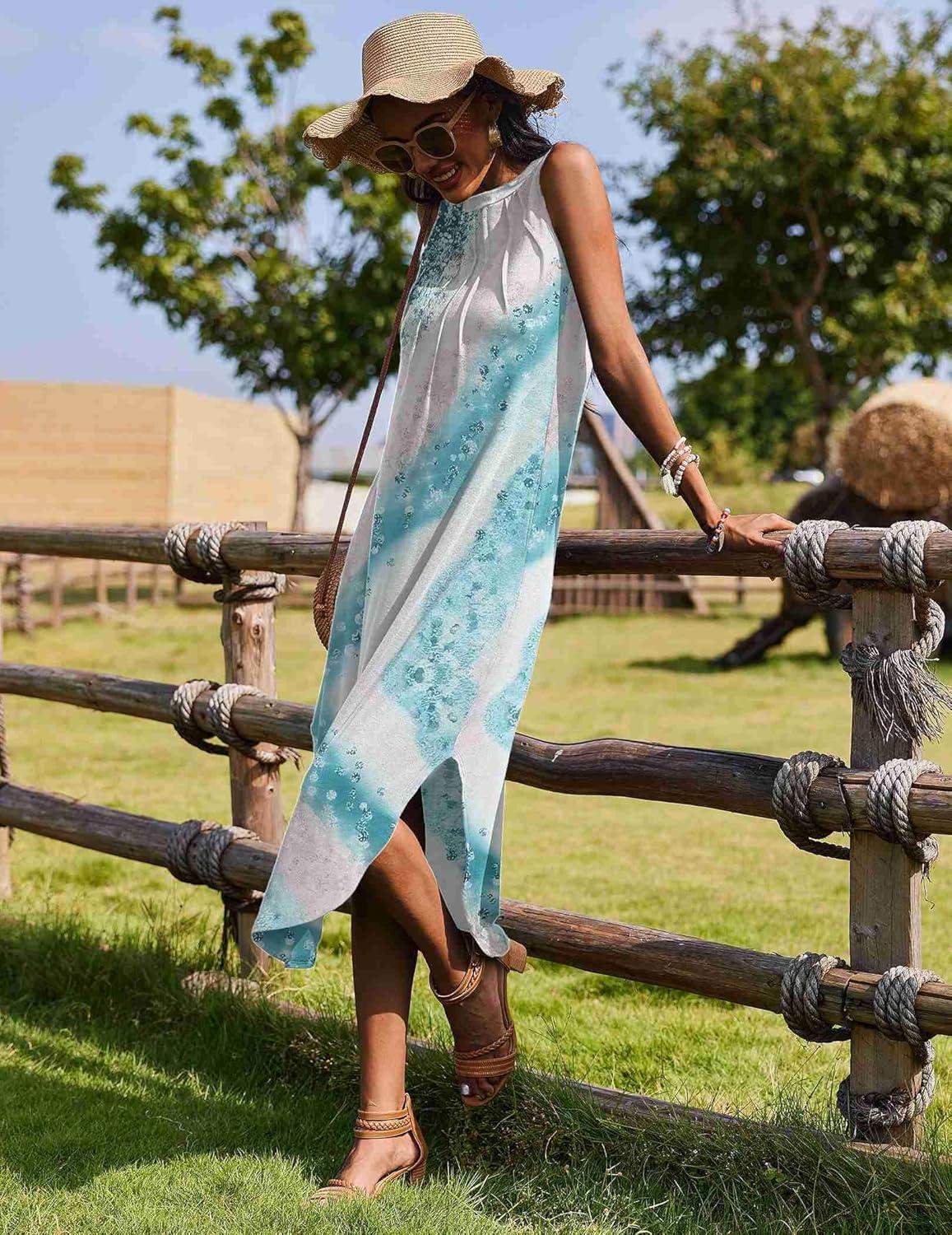 imageZeagoo Women Floral Summer Casual Beach Printed Tank Dress with Pockets Pleated Front Long DressMix Blue White