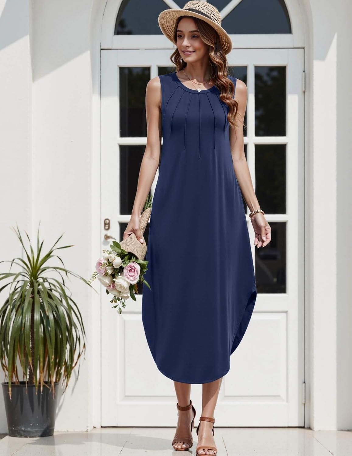 imageZeagoo Women Floral Summer Casual Beach Printed Tank Dress with Pockets Pleated Front Long DressNavy Blue