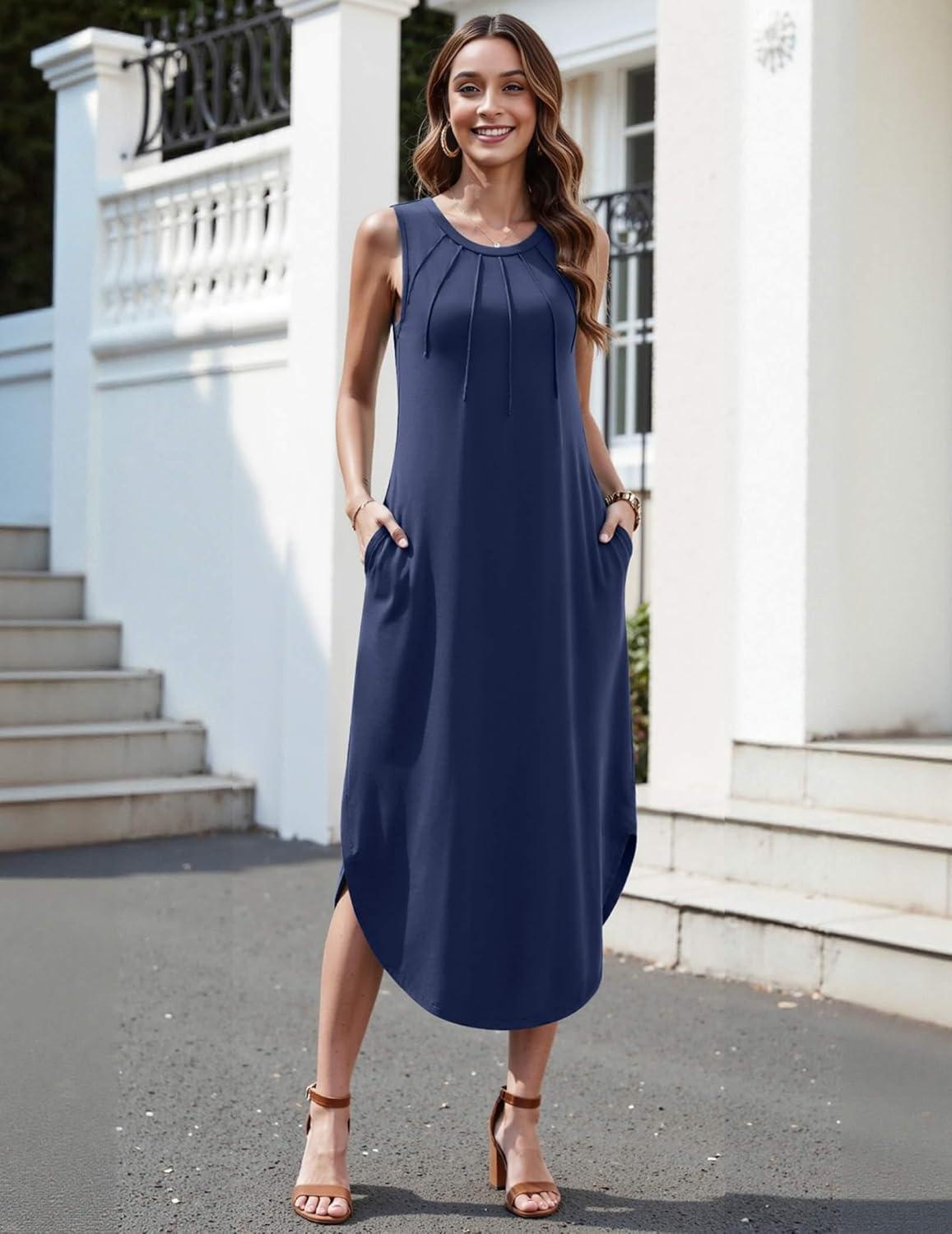 imageZeagoo Women Floral Summer Casual Beach Printed Tank Dress with Pockets Pleated Front Long DressNavy Blue