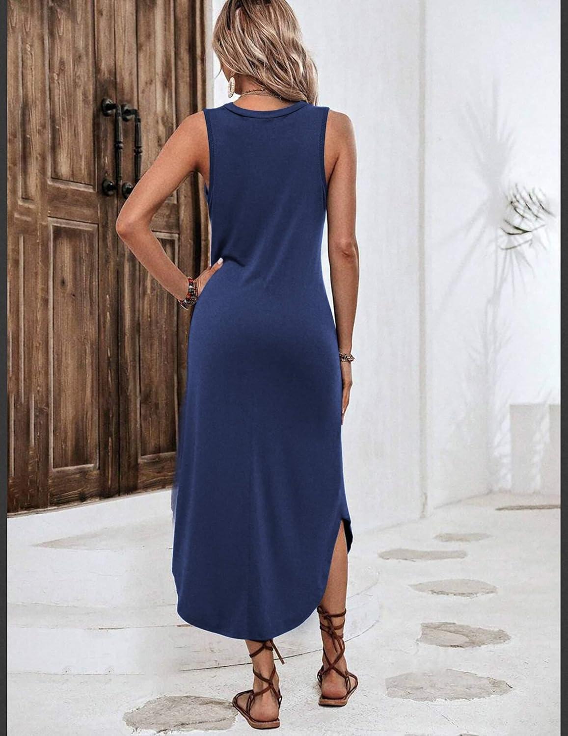 imageZeagoo Women Floral Summer Casual Beach Printed Tank Dress with Pockets Pleated Front Long DressNavy Blue