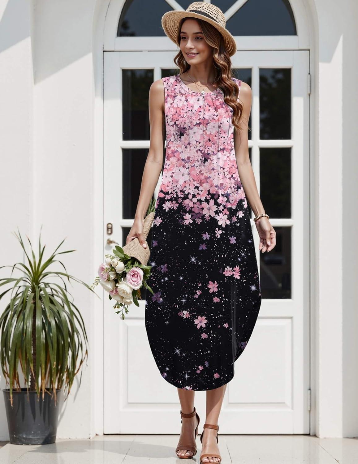 imageZeagoo Women Floral Summer Casual Beach Printed Tank Dress with Pockets Pleated Front Long DressPinkblack Print