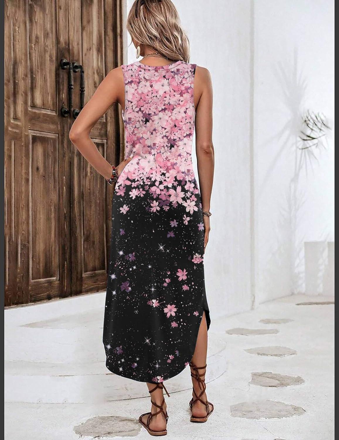 imageZeagoo Women Floral Summer Casual Beach Printed Tank Dress with Pockets Pleated Front Long DressPinkblack Print