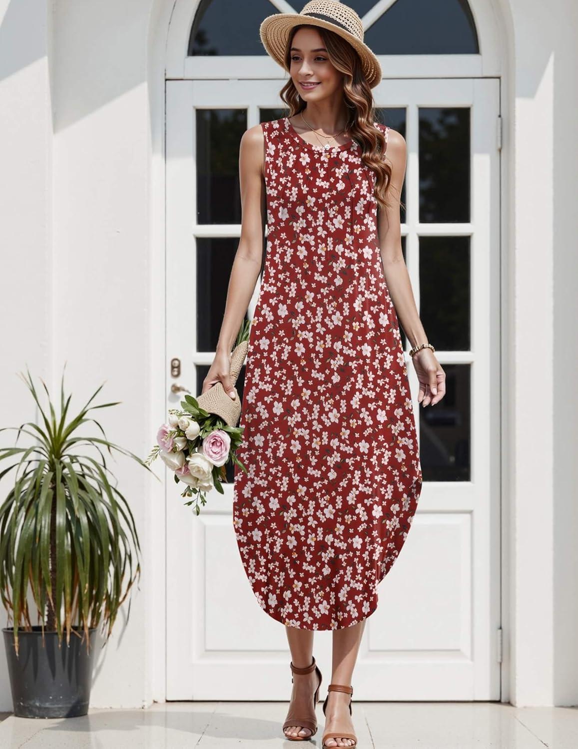 imageZeagoo Women Floral Summer Casual Beach Printed Tank Dress with Pockets Pleated Front Long DressRed Floral