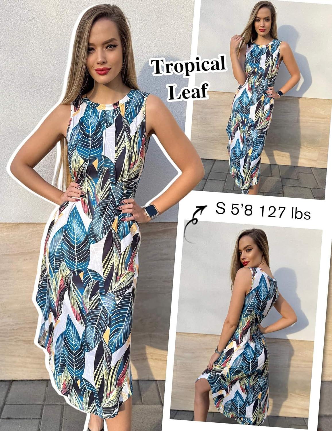 imageZeagoo Women Floral Summer Casual Beach Printed Tank Dress with Pockets Pleated Front Long DressTropical Leaf
