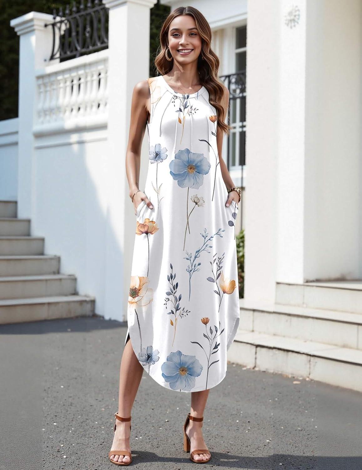 imageZeagoo Women Floral Summer Casual Beach Printed Tank Dress with Pockets Pleated Front Long DressWhite Floral