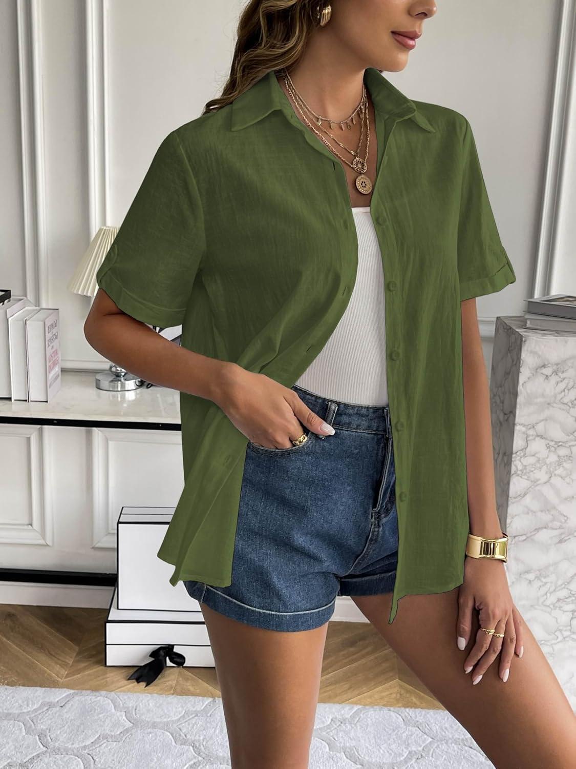 imageZeagoo Women Linen Button Down Shirt Rolled Cuffed Short Sleeve Blouse Ladies Summer Casual V Neck Beach Cotton TopsArmy Green