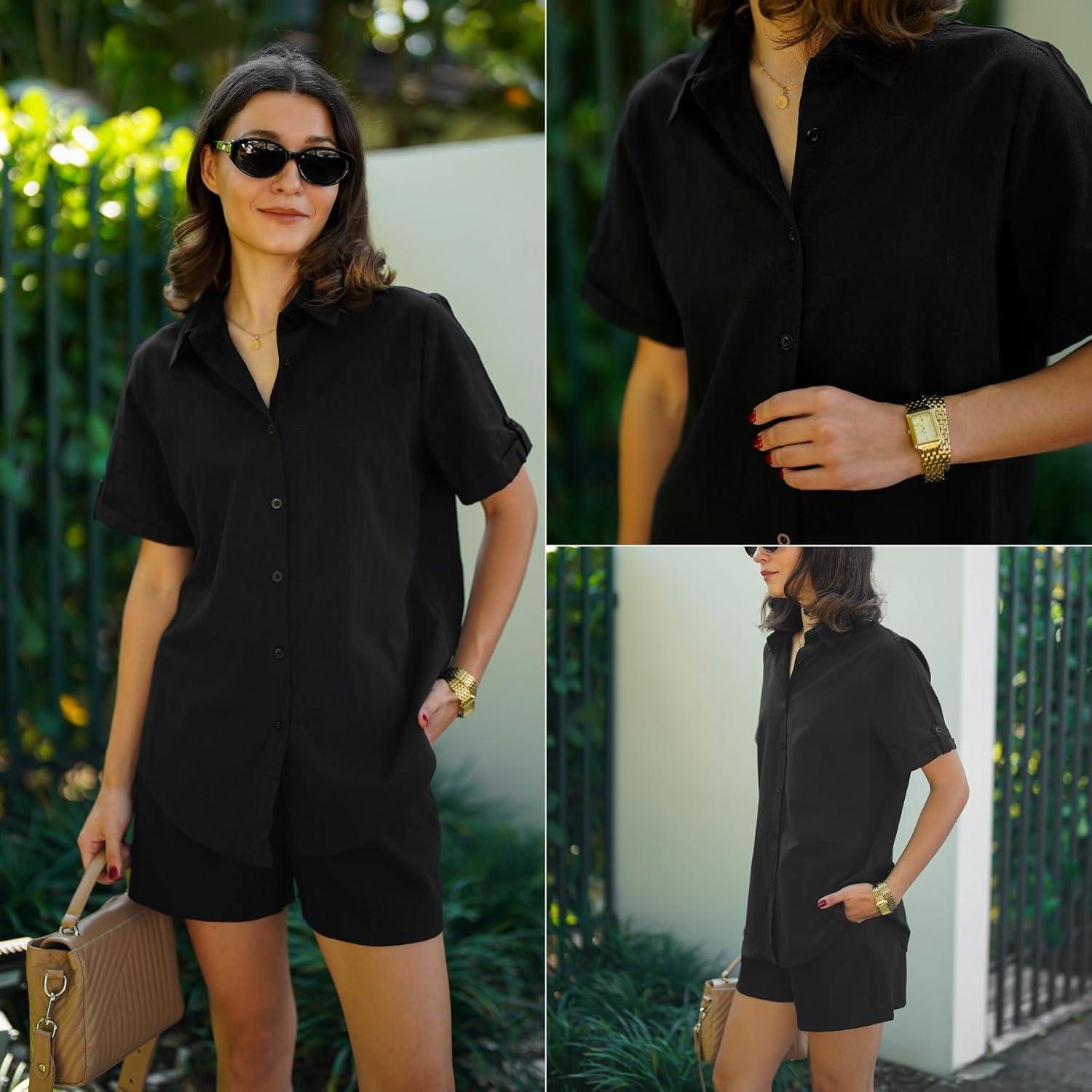 imageZeagoo Women Linen Button Down Shirt Rolled Cuffed Short Sleeve Blouse Ladies Summer Casual V Neck Beach Cotton TopsBblack