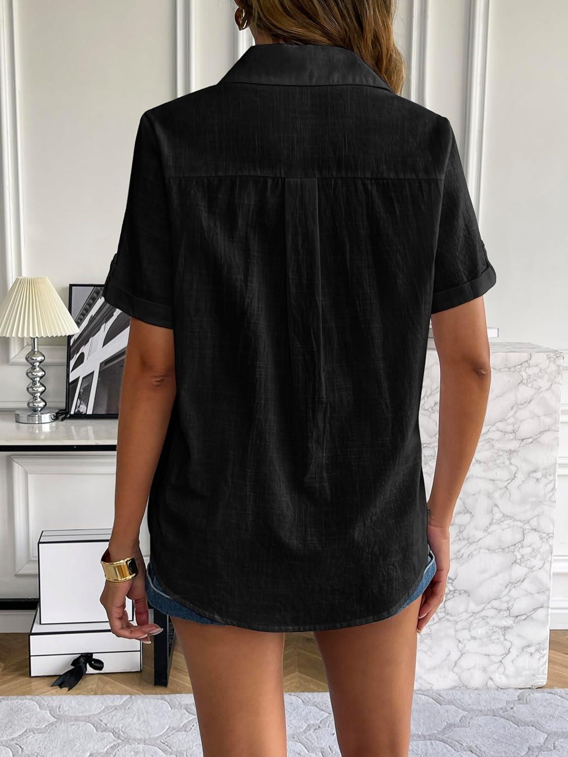 imageZeagoo Women Linen Button Down Shirt Rolled Cuffed Short Sleeve Blouse Ladies Summer Casual V Neck Beach Cotton TopsBblack